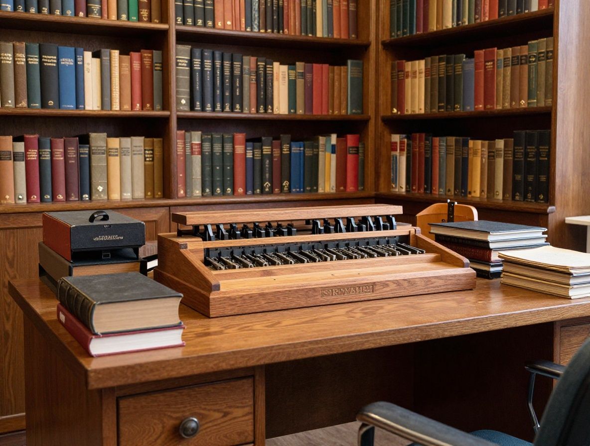 Просторный редакционный кабинет со старинными книгами, деревянными печатными блоками и классическим наборным станком на дубовом столе