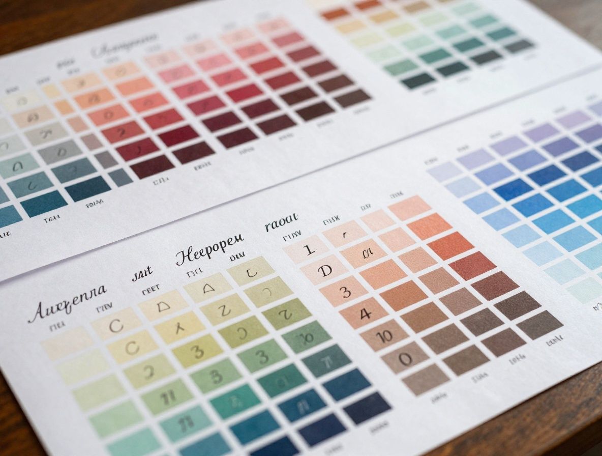 Профессиональный типографический аудит: разложенные на столе шрифтовые образцы, цветовые палитры и схемы типографической иерархии с пометками карандашом