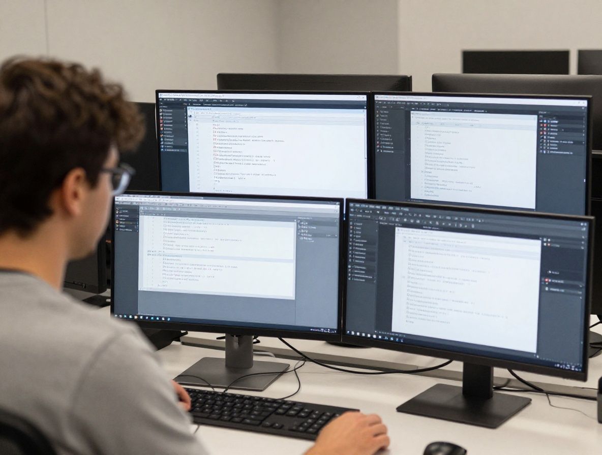 Современное рабочее пространство веб-дизайнера с несколькими мониторами, отображающими интерфейс с различными шрифтовыми системами и таблицами CSS-стилей