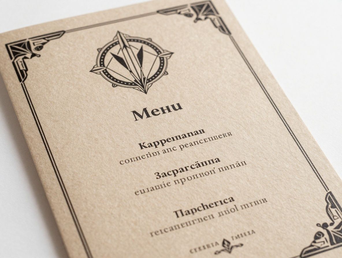 Меню ресторана с изысканной типографикой, декоративными элементами в стиле арт-деко и печатью на бежевом фактурном картоне