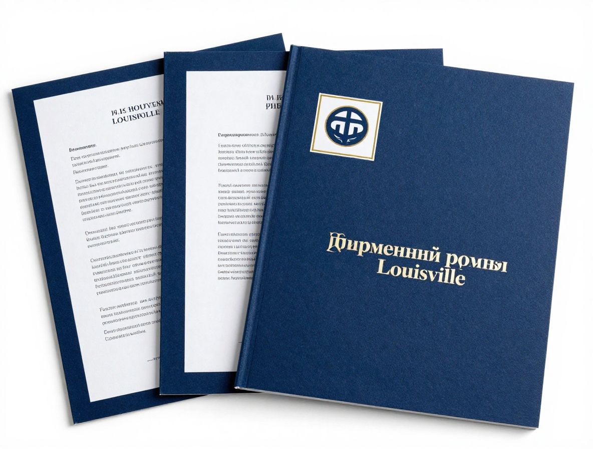 Фирменный стиль юридической фирмы Louisville с профессиональными деловыми материалами, фирменными бланками и строгими шрифтами в тёмно-синих тонах